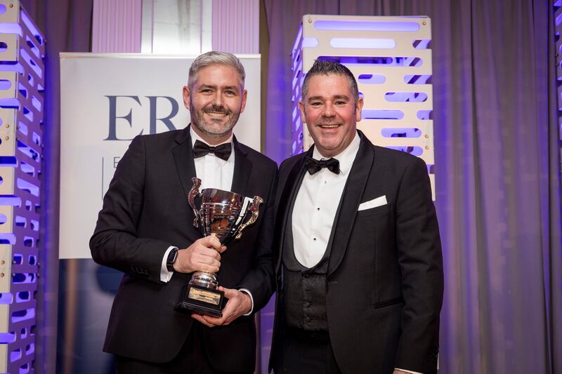 Keith Grant, left, recruitment manager with Engage People Recruitment, receives the the 2023 Employment and Recruitment Federation Recruiter of the Year award from Paul Egan, sales director, Irish Jobs