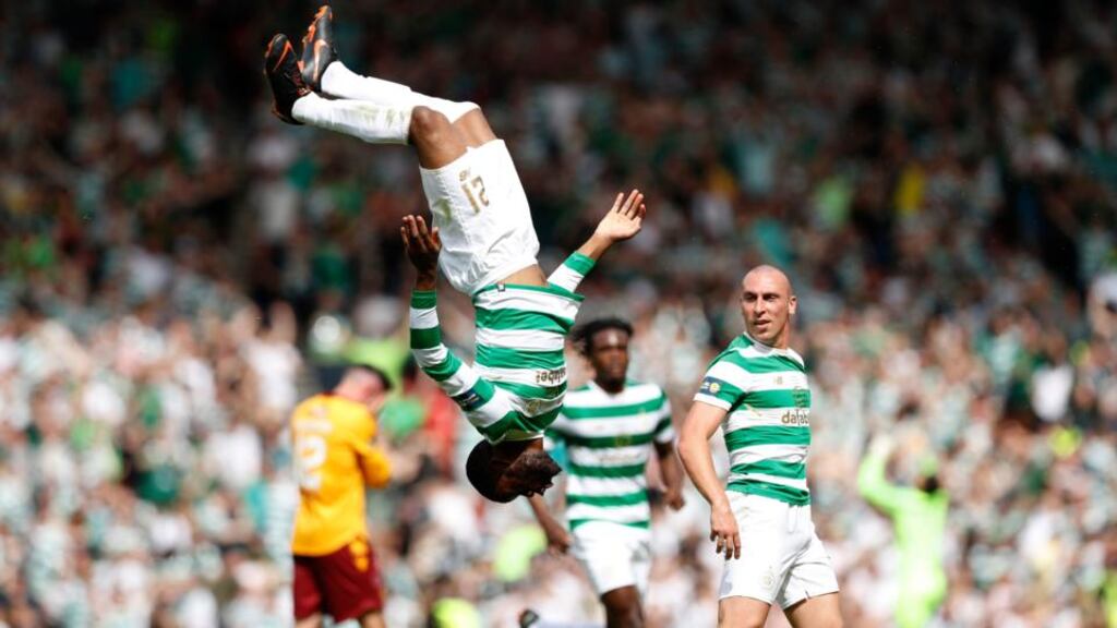Olivier Ntcham celebrates scoring Celtic’s second goal during the Scottish Cup final against Motherwell at Hampden Park in Glasgow. Photograph: Ian MacNicol/Getty Images