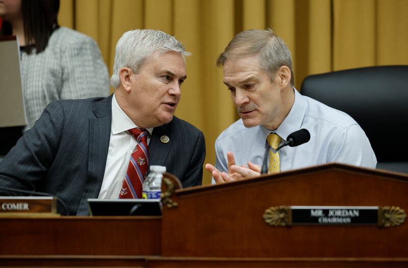 James Comer talks to fellow Republican congressman Jim Jordan as former Special Counsel Robert Hur testifies before the House Judiciary Committee. Photograph:  Win McNamee/Getty Images