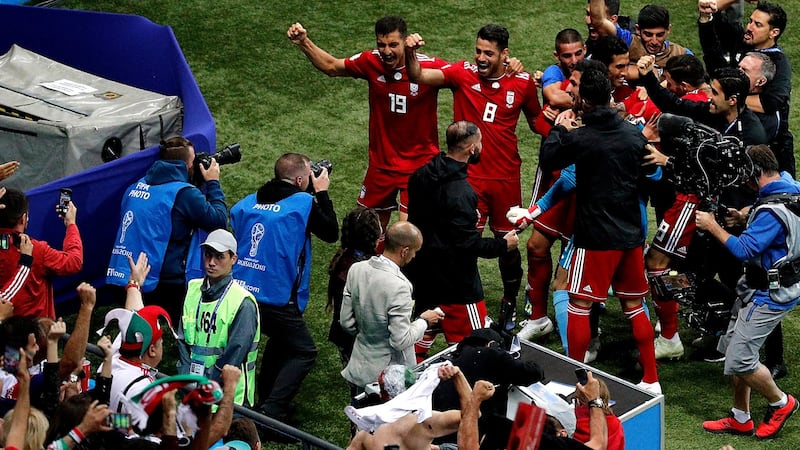 Iran’s players celebrate a goal that was ruled out for offside by VAR. Photograph: Sergey Dolzhenko/EPA