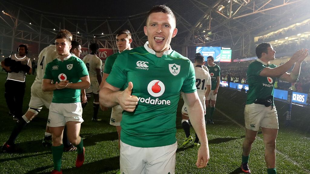 Andrew Conway celebrates Ireland’s win over England in their Six Nations clash at Aviva Stadium in Dublin on Saturday. Photograph: Dan Sheridan/Inpho