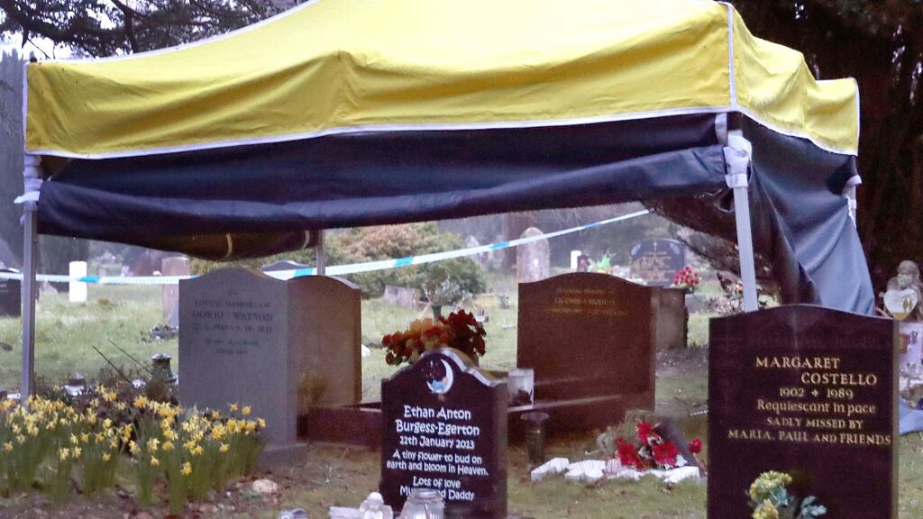 A tent erected at the London Road Cemetery in Salisbury, England, over the grave of Liudmila Skripal, the wife of former Russian double agent Sergei Skripal. Photograph: PA Wire