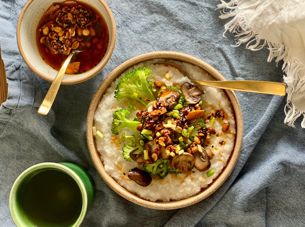 Congee with mushrooms, greens and chilli oil