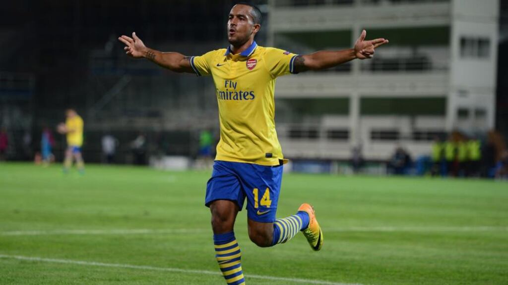 Arsenal’s Theo Walcott celebrates his goal during the Champions League match against Marseille at Stade Velodrome. Photograph: Jamie McDonald/Getty Images