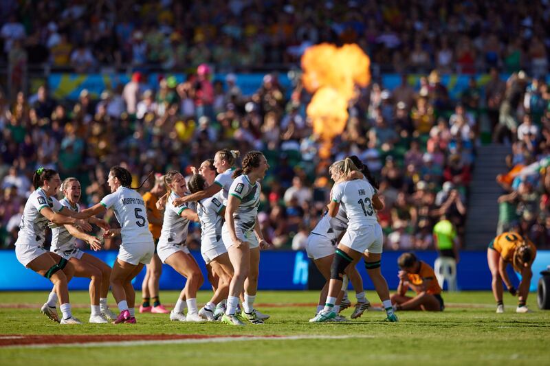 The Ireland team celebrate at the full time whistle following the HSBC World Rugby Sevens Final victory in Perth, Australia. Photograph: Trish Hayto/Inpho