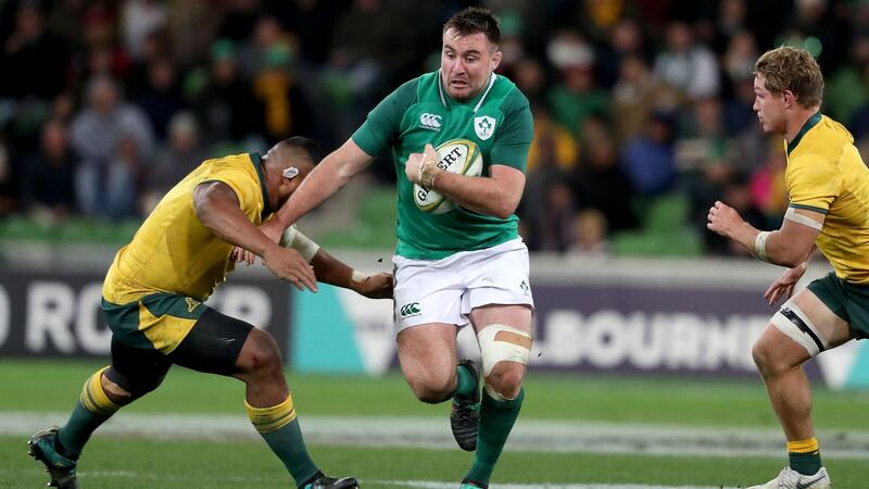 Ireland’s Niall Scannell goes past Sekope Kepu and Michael Hooper of Australia during last Saturday’s Test. Photo: Dan Sheridan/Inpho