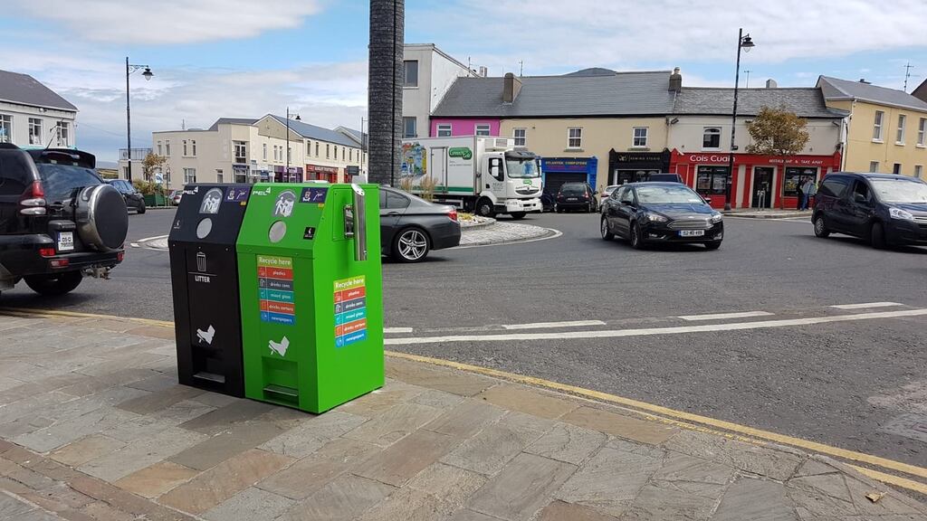 Two Solar Street Bins, which are manufactured by PEL Recycling in Co Mayo