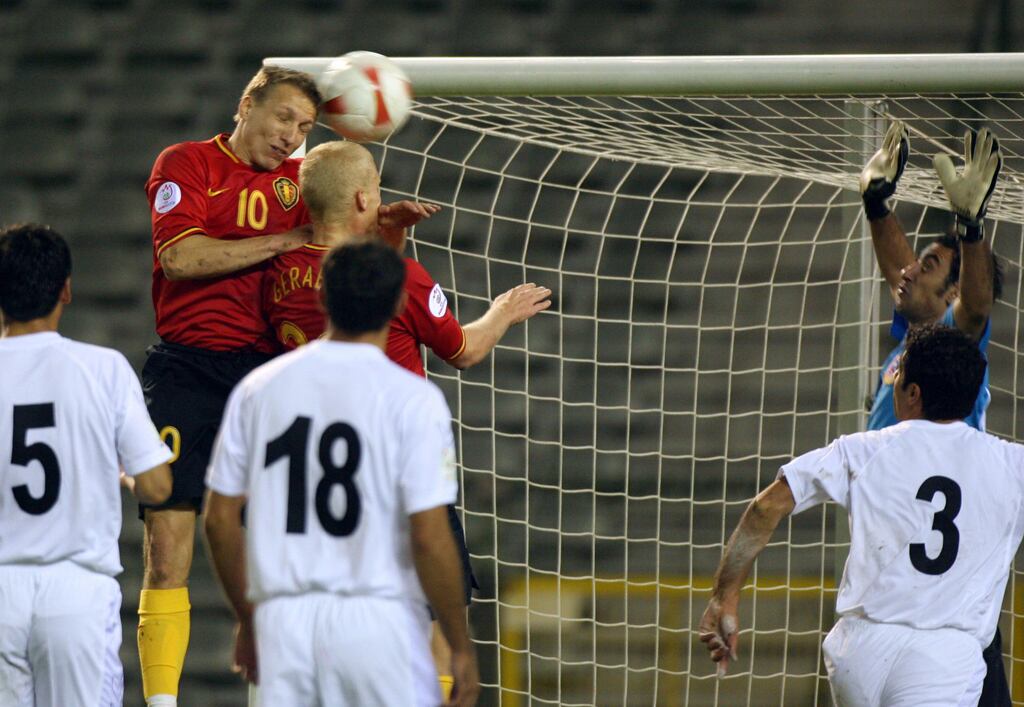 Belgium's Wesley Sonck scores against Armenia - managed by Tom Jones - during their Group A Euro2008 qualification match in 2007. Photograph: Virginie Lefour/AFP via Getty Images