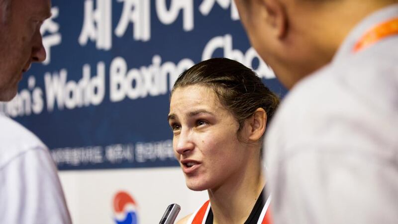 Ireland’s Katie Taylor speaks with Johnny Watterson of The Irish Times after her semi-final win over Jinhua Yin of China. Photograph: Doug McDermott / Inpho