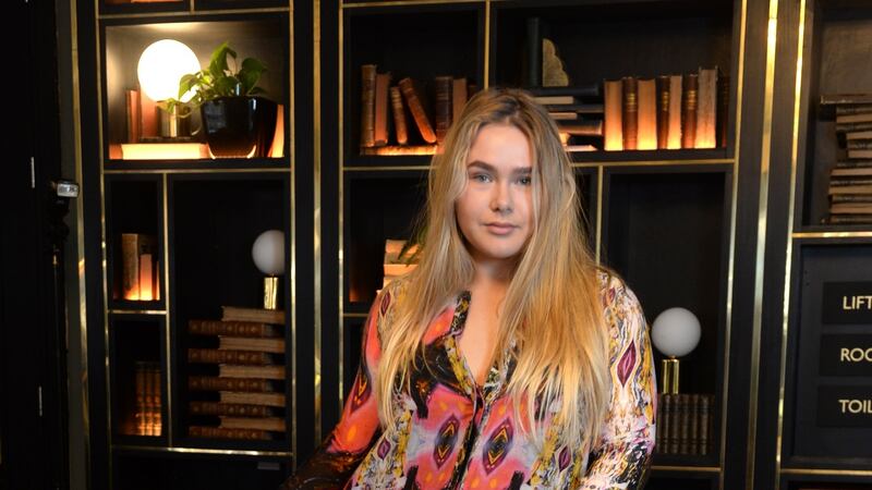 Halle Steele in a dress designed by her mother, the designer Helen Steele. Photograph: Dara Mac Dónaill / The Irish Times