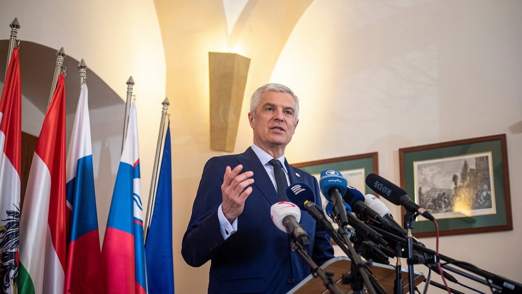 Slovak foreign minister Ivan Korcok at a joint press conference following a meeting of the Central Five in the Czech Republic on   April 12th, 2022.  Foreign ministers of the  five countries – Czech Republic, Slovakia, Austria, Hungary and Slovenia –  discussed the war in Ukraine. Photograph: Martin Divisek/EPA