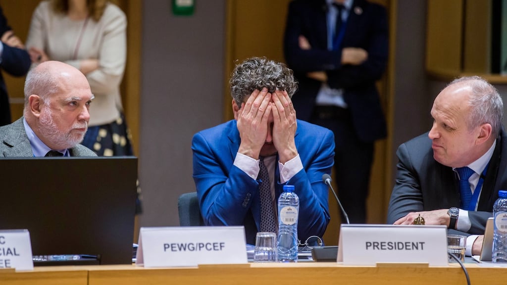 Euro group president Jeroen Dijsselbloem covers his face prior to the start of a Euro group finance ministers’ meeting at the European Council headquarters in Brussels on Monday. Photograph: Stephanie Lecocq/EPA