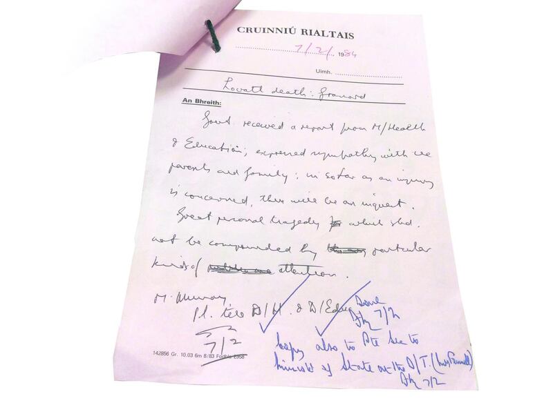 Handwritten note from government meeting on February 7th, 1984, about the Ann Lovett case