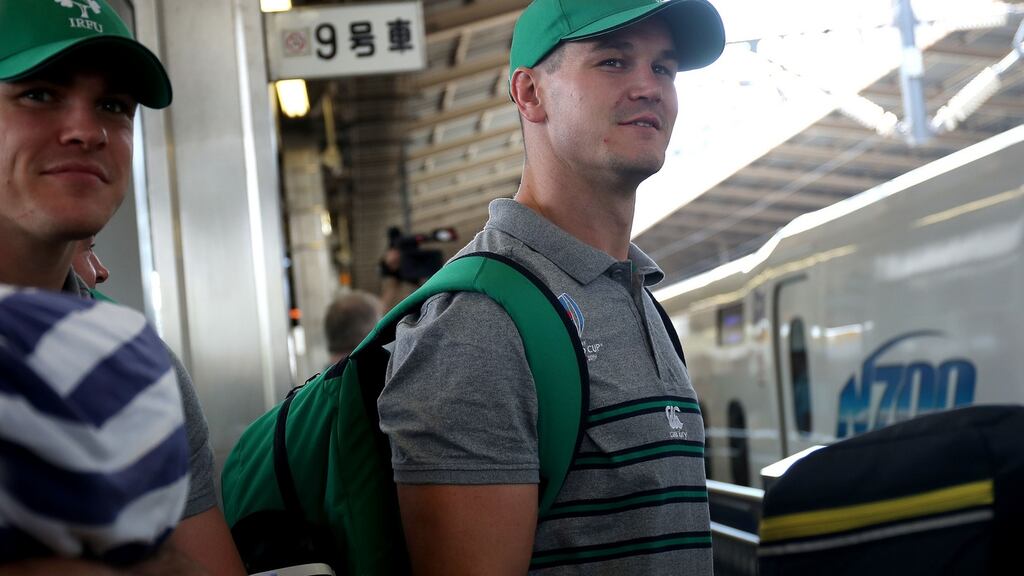 Jonathan Sexton boards a bullet train in Yokohama. Photograph: Dan Sheridan/Inpho