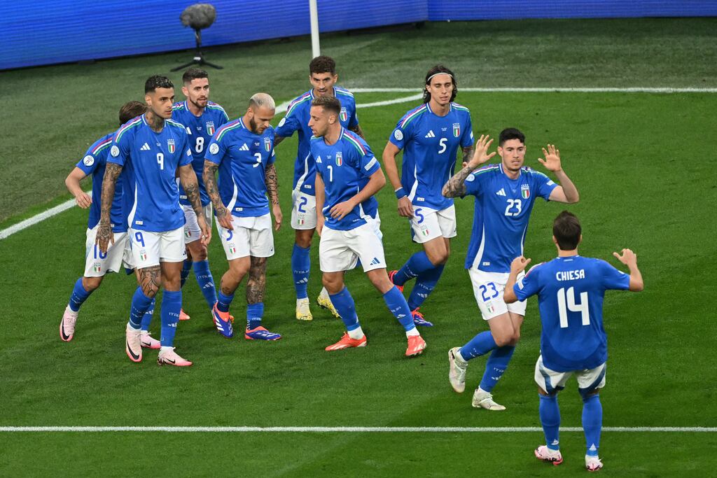 Italy defender Alessandro Bastoni celebrates with team-mates after scoring his team's first goal during the Euro Group B match against Albania at the BVB Stadion in Dortmund. Photograph: Ozan Kose/AFP via Getty Images