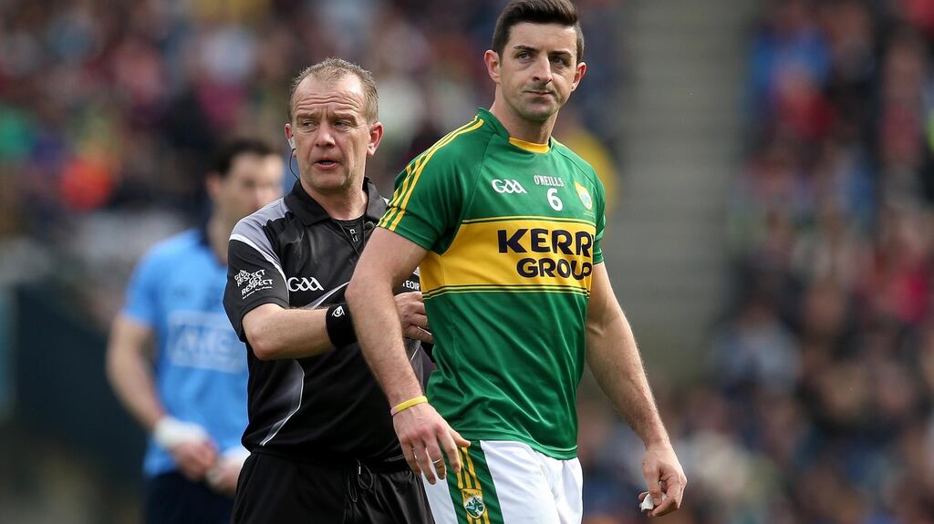 Kerry’s Aidan O’Mahony is sent off by referee Eddie Kinsella at the Division One final in Croke Park. Photograph: INPHO/Ryan Byrne