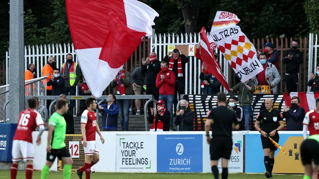 St. Patrick’s Athletic’s fans celebrate at the final whistle. Photo: Laszlo Geczo/Inpho
