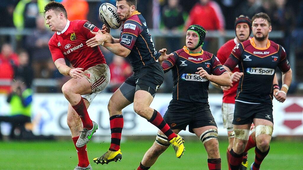 Newport-Gwent Dragons’ Dorian Jones wins a high ball in their 22-6 Pro12 win over Munster. Photo: Inpho