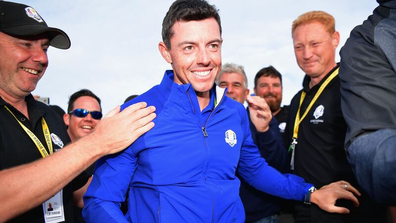 Rory McIlroy celebrates after Europe’s Ryder Cup win in 2018. Photograph: Stuart Franklin/Getty