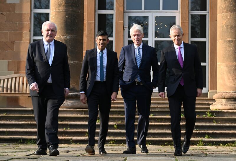 Former taoiseach Bertie Ahern, with British prime minister Rishi Sunak, former US president Bill Clinton and former British prime minister Sir Tony Blair stand together at Hillsborough Castle for the gala dinner to mark the 25th anniversary of the Belfast Agreement earlier this year. Photograph: Charles McQuillan-Pool/Getty