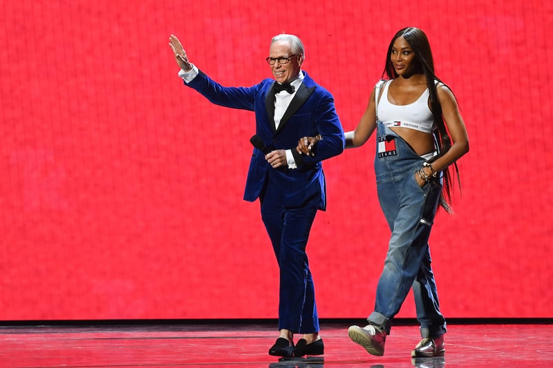 Tommy Hilfiger and Naomi Campbell on stage during The 2021 Fashion Awards in London. Photograph: Kate Green/BFC/Getty Images for BFC