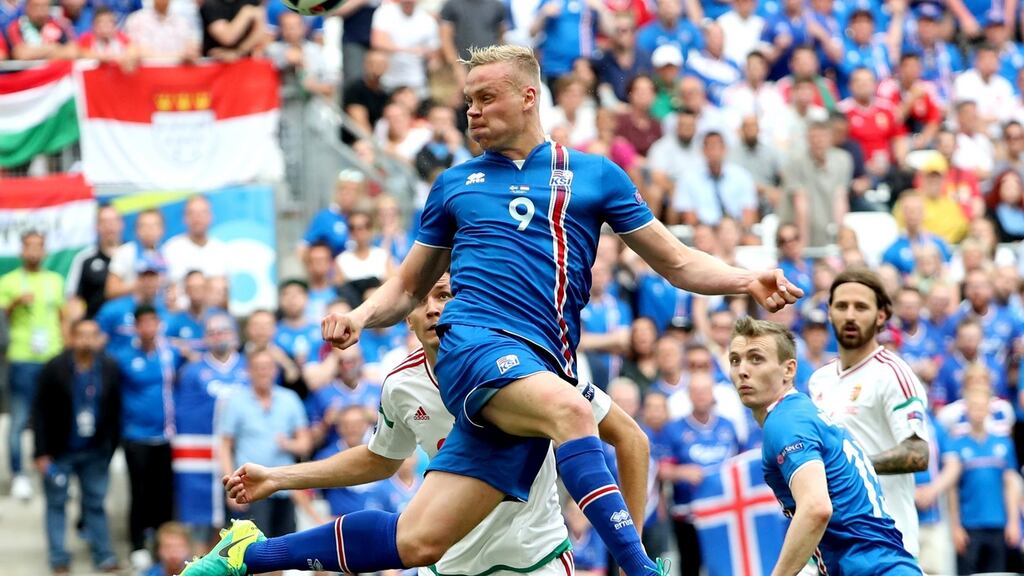 Kolbeinn Sigthorsson of Iceland heads the ball during the Euro 2016 Group F match against  Hungary at Stade Velodrome in Marseille. Photograph: Ali Haider/EPA