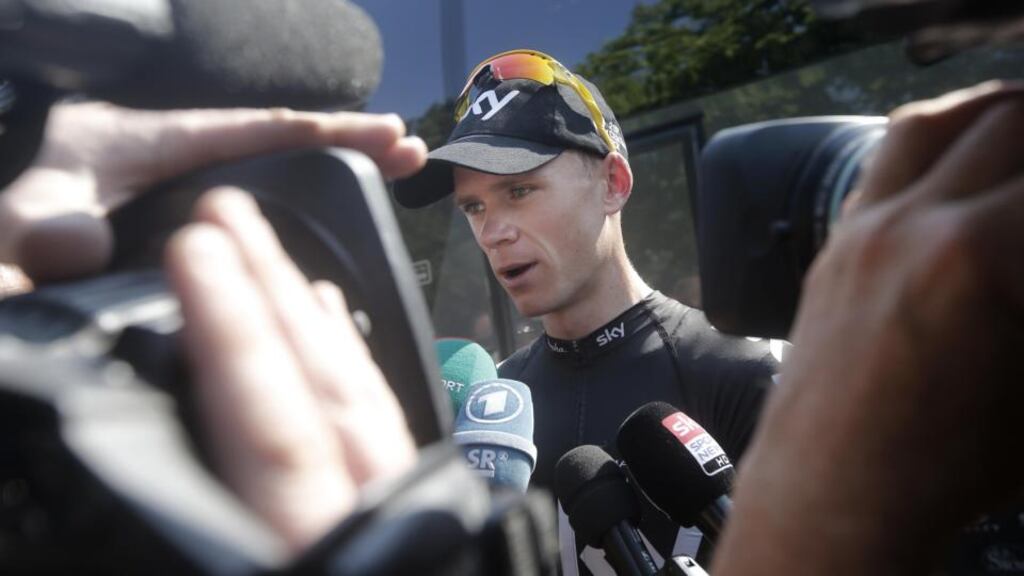 Overall Tour de France leader Chris Froome answers reporters’ questions on the rest day of the Tour de France  in Orange, southern France. Photograph: Laurent Cipriani/AP