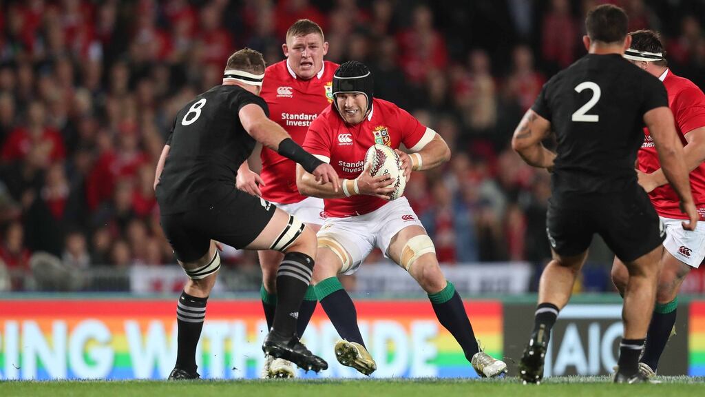 Sean O’Brien carries during the third Test of the 2017 Lions tour to new Zealand. Photograph: Billy Stickland/Inpho