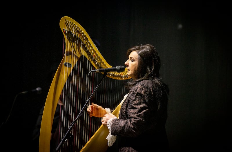 Moya Brennan playing the harp during Clannad's farwell concert at Dublin's 3Arena on Saturday night. Photograph: Tom Honan for The Irish Times.
