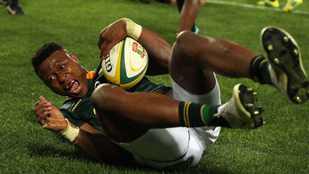 Springboks winger Aphiwe Dyantyi will face a doping hearing after he failed a drugs test a year ago. Photograph: David Rogers/Getty
