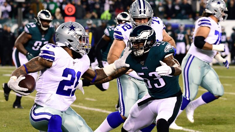 The Dalla Cowboys’ Ezekiel Elliott is pressured by Nigel Bradham of the Philadelphia Eagles. Photograph: Corey Perrine/Getty