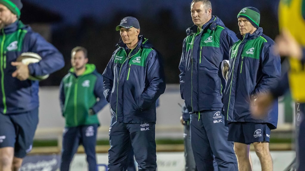 Connacht head coach Andy Friend with forwards coach Jimmy Duffy and strength and conditioning coach Johnny O’Connor. Photograph: Morgan Treacy/Inpho