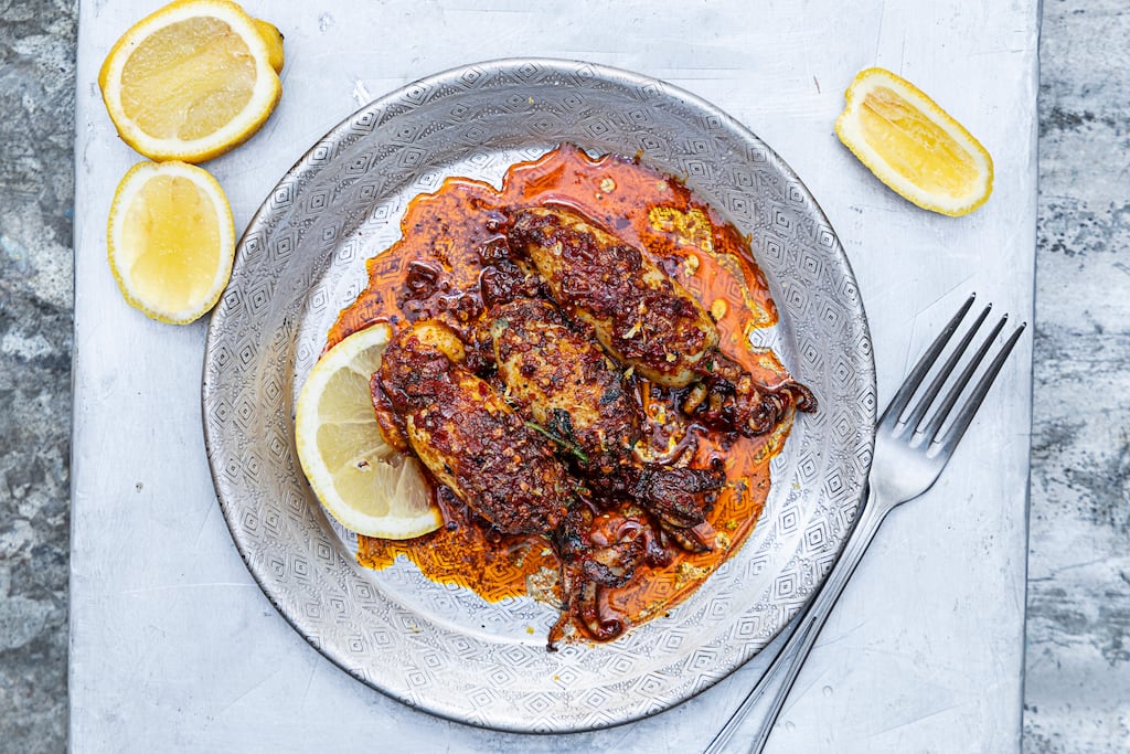 Stuffed barbecue squid with nduja. Photograph: Harry Weir