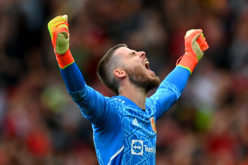 Manchester United goalkeeper David De Gea celebrates after Marcus Rashford of Manchester United scores their side's second against Arsenal. Photograph: Shaun Botterill/Getty Images