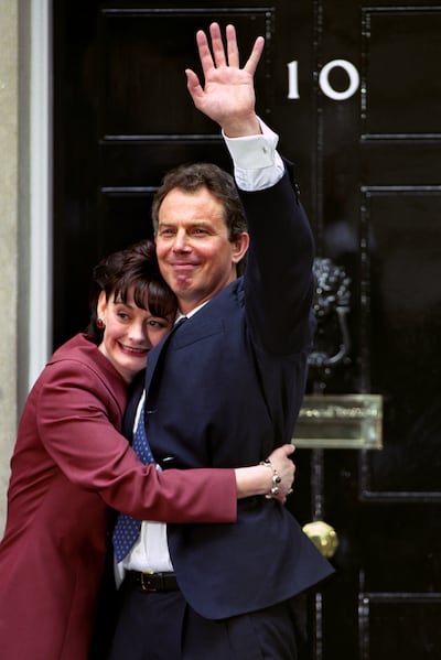 Tony and Cherie Blair in front of No 10 Downing Street after the Labour leader was elected prime minister, May 1997. Photograph: Fiona Hanson/PA