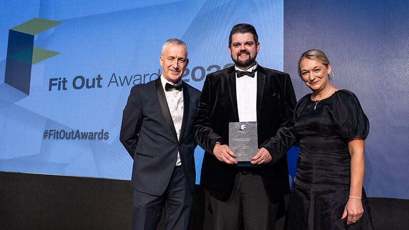 Stuart Ramsden, director at W2W & Optima, presents the fit out project of the year – office new build award to Andrew O'Doherty and Penny Linton, Todd Architects