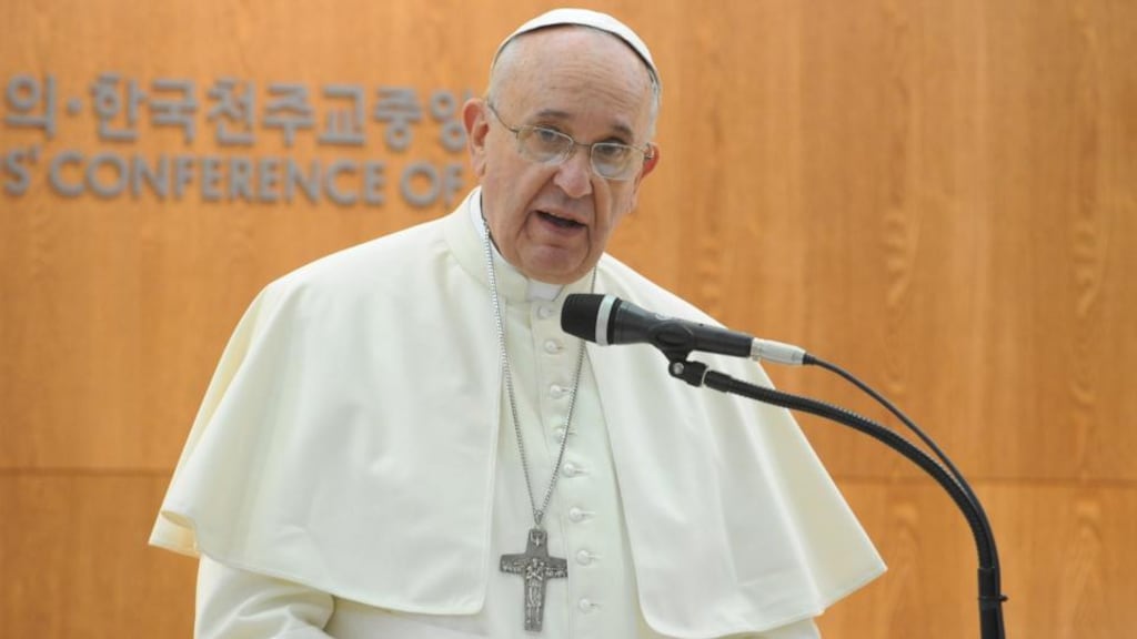 Pope Francis attends a meeting with the bishops of Korea at the headquarters of the Korean Episcopal Conference. Photograph: Committee for the 2014 Papal Visit to Korea via Getty Images