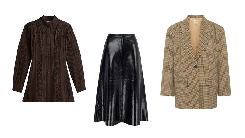 Dress, €129, H&M; Skirt, €310, M&S Autograph; Check blazer, €199, Gestuz, Zalando