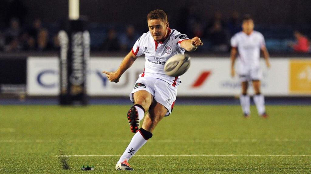Ulster and Ireland outhalf Paddy Jackson kicks a penalty against Cardiff at the Arms Park. Photograph: Ashley Crowden / Inpho
