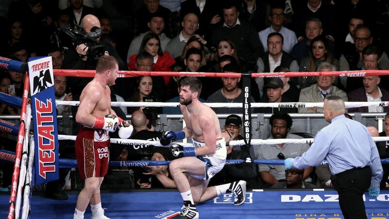 Saúl ‘Canelo’ Álvarez knocks down Michael ‘Rocky’ Fielding during the WBA super-middleweight fight at Madison Square Garden in New York. Photograph: Peter Foley/EPA