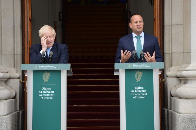 The then UK prime minister Boris Johnson and taoiseach Leo Varadkar at Government Buildings in Dublin, 2019. Photograph: Dara Mac Dónaill