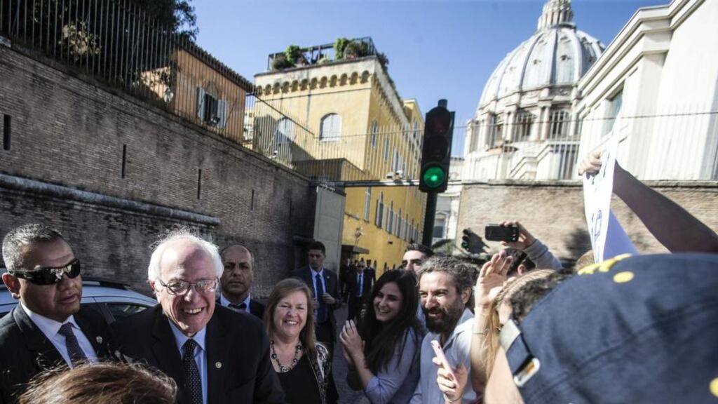 Bernie Sanders arriving at the Vatican for a conference commemorating the 25th anniversary of ‘Centesimus Annus’, a high-level teaching document by Pope John Paul II on the economy and social justice at the end of the Cold War. Photograph: Angelo Carconi/EPA