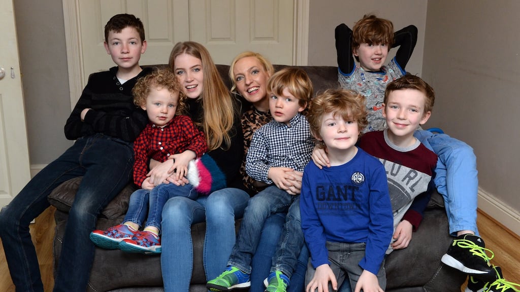 Jen Hogan with her daughter Chloe and sons from left, Adam, Noah, ZachTobey, Luke and Jamie pictured in their home in Co Dublin.Photograph: Cyril Byrne/The Irish Times