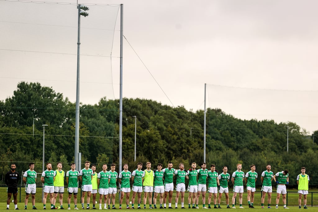 The London team stand for the national anthem. Photograph: Ben Brady/Inpho