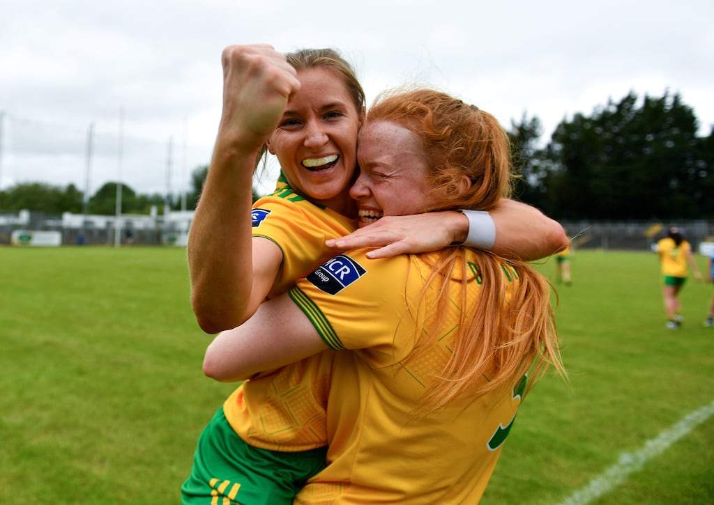 Niamh McLaughlin and Evelyn McGinley celebrate Donegal's victory over Dublin in the quarter-finals of the TG4 All-Ireland quarter-final at Páirc Seán Mac Diarmada in Carrick-on-Shannon. Photograph:  Eóin Noonan/Sportsfile