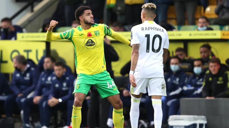 Andrew Omobamidele celebrates scoring for Norwich against Leeds. Photograph: Julian Finney/Getty