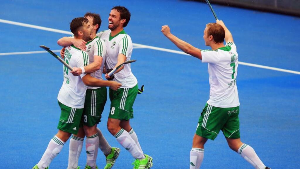 Ireland players celebrate a goal against Belgium in the EuroHockey Championships at Lee Valley Hockey and Tennis Centre in London, England. Photo: Bryn Lennon/Getty Images