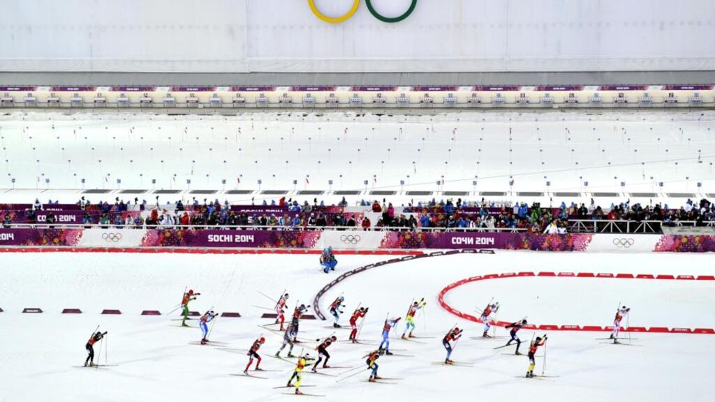 The Biathlon Men’s Relay at the Laura Cross-country Ski & Biathlon Center on February 22, 2014 in Sochi, Russia. Photograph: Vianney Thibaut/Agence Zoom/Getty Images