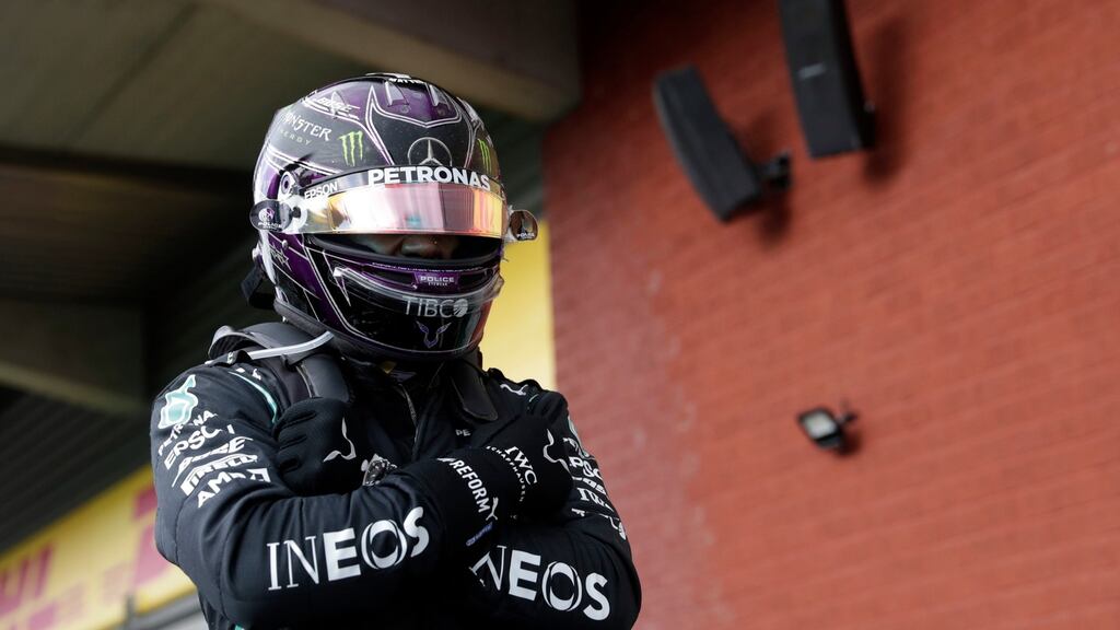 Lewis Hamilton pays tribute to Chadwick Boseman after his victory in Belgium. Photograph: Stephanie Lecocq/AP