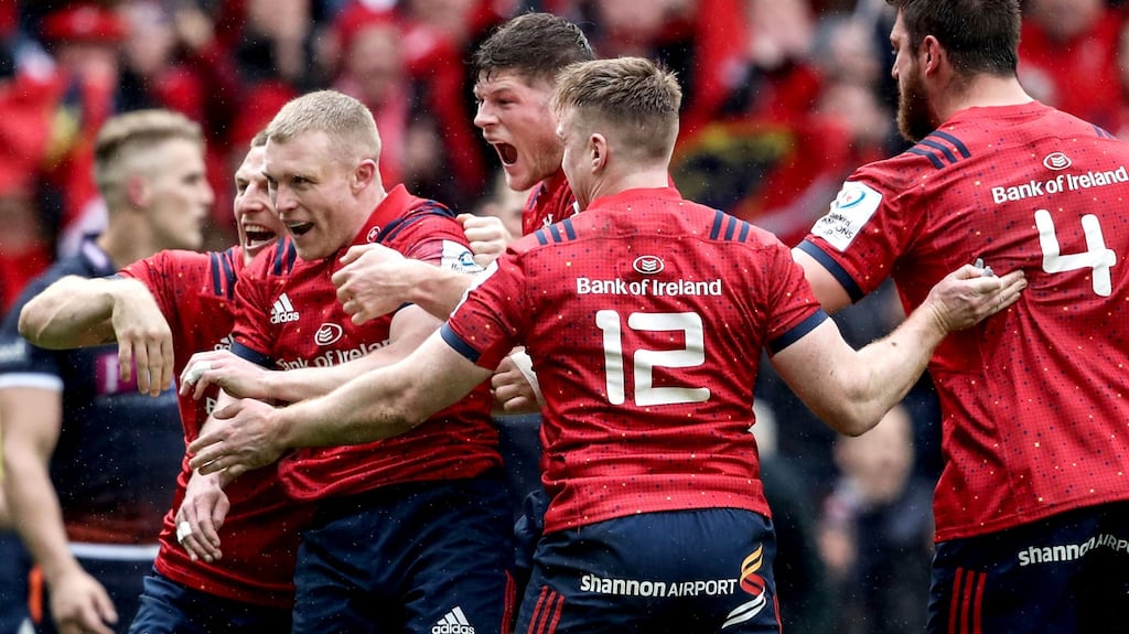 Munster’s Keith Earls celebrates scoring their first try with teammates in the province’s narrow Champions Cup quarter-final win over Edinburgh in Murrayfield Stadium, Scotland. Photograph: Dan Sheridan/Inpho